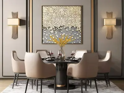 Dining table chair and tableware combination 3D model
