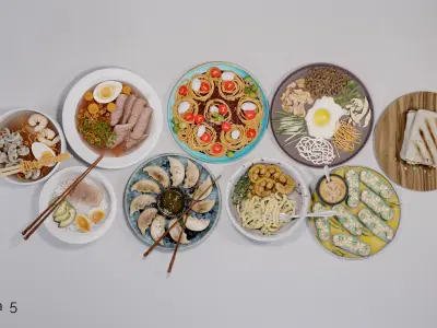 Food collection plate of spring rolls with sauce 3D model