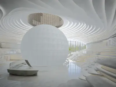 Museum interior of building with ball inside 3D model