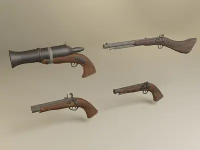 Flintlock pirate guns and shotguns and hand cannons collection Low-poly 3D model