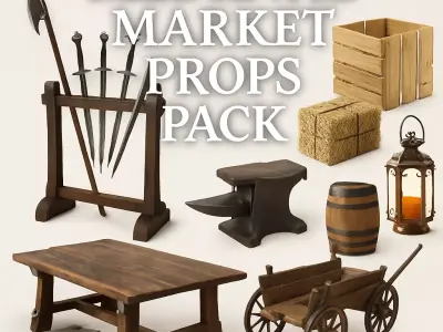 Medieval Market Props Pack Low PBR Low-poly 3D model