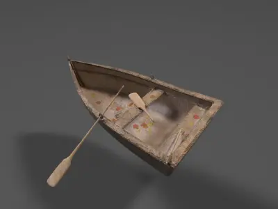Old wooden boat with an oar and one broken oar 3D model
