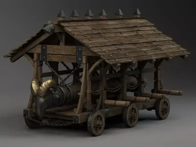 medieval-battering-ram wooden cart with wooden roof 3D model
