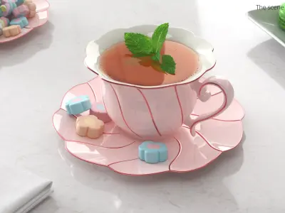 Mint Tea in Pink Porcelain Cup with Marshmallows 3D model