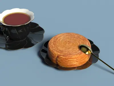 Tea Tableware Set with Cup Saucer and Pastry 3D model