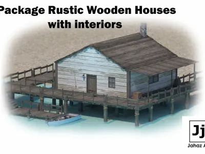 Package Rustic Wooden Houses with interiors Low-poly 3D model