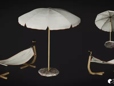 Pool Set - Sunbed and Umbrella Low-poly 3D model