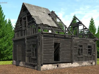 Burnt Wooden House Brown 3D model