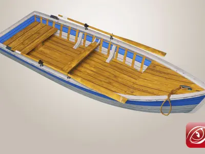 Boat A wooden with two paddles 3D model