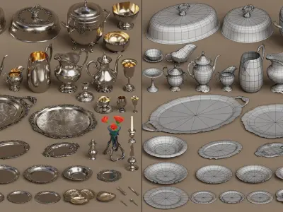 Lowpoly Silver holloware service set (44 items) 3D model