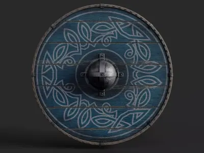Slavic round wooden shield-painted blue with nordic symbol Low-poly 3D model purchase