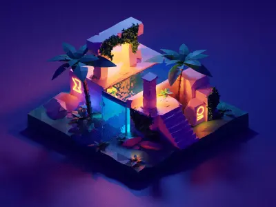 Ancient-ruins-night Tree with water low poly model Low-poly 3D model