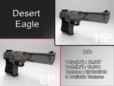 Desert Eagle 3 textures - Low-High poly Low-poly 3D model