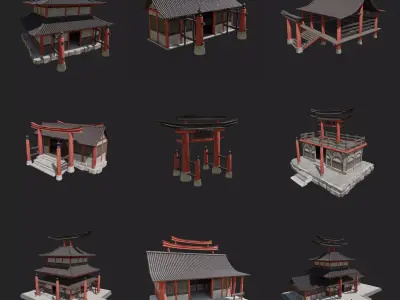 JAPANESE ASIAN FEUDAL ZEN TEMPLE SHRINE STRUCTURES COLLECTION Low-poly 3D model