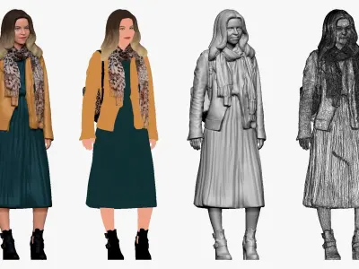 001233 woman in long green dress and yellow jacket 3D model