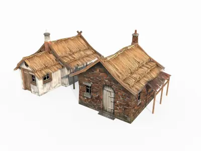 Hand drawn medieval architecture with two thatched cottages 3D model