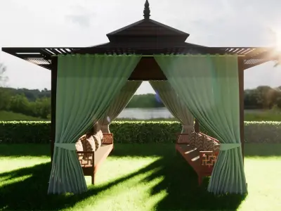 wooden pergola with curtain  3D model