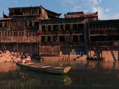 Chinese Vintage Scene with River 3D model