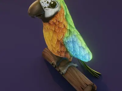 Cartoon Ara Parrot Blue-Yellow-Green Rigged 3D Model Low-poly 3D model