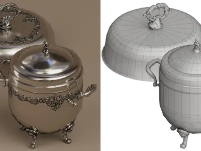 Lowpoly Silver holloware service set (44 items) 3D model