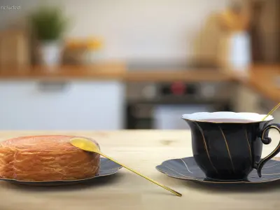 Tea Tableware Set with Cup Saucer and Pastry 3D model