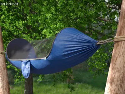 Survival Hammock Attached to Wooden Stakes 3D model