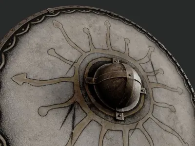 Slavic round leather shield-painted white with Sun symbol Low-poly 3D model