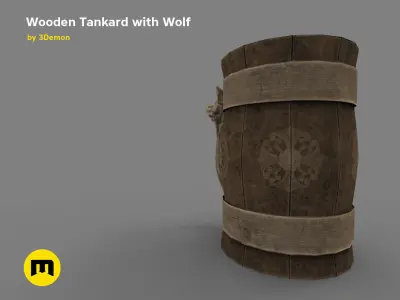 Wooden Historic Tankard with Wolf Low-poly 3D model