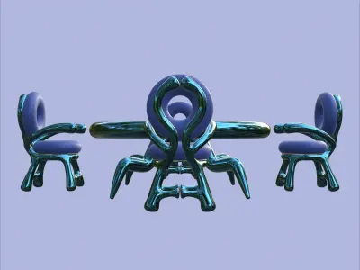 Futuristic Blue Dining Table Set with Unique Organic Chairs 3D model