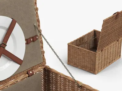 Willow Picnic Basket with Ceramic Plate Open Brown 3D model