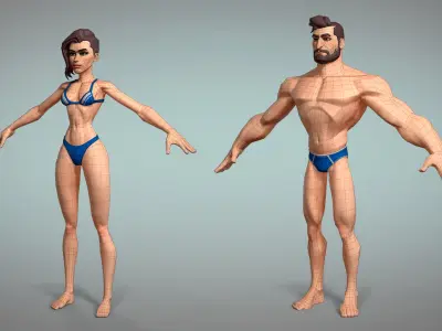 Cartoon male and female Character Hugh and Meg base mesh Low-poly 3D model