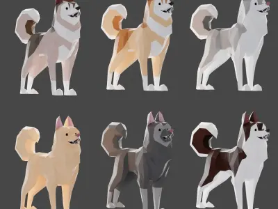 Pack of 12 low poly stylized husky dogs  Low-poly 3D model