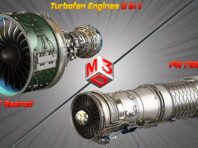 PW GTF Geared - PW F100 - 220 - Turbofan Engines 2 in 1 3D Model Collection