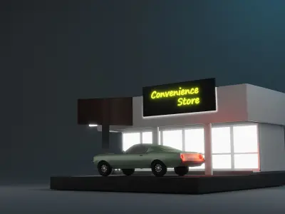 Isometric convenience store with car Low-poly 3D model