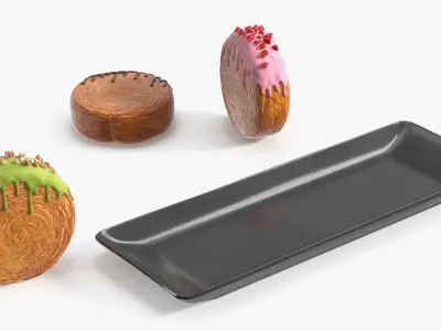 Round Croissant Pastry with Three Glazed Flavors on Tray 3D model