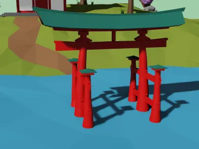 Japanese pagoda and a torii Low-poly 3D model