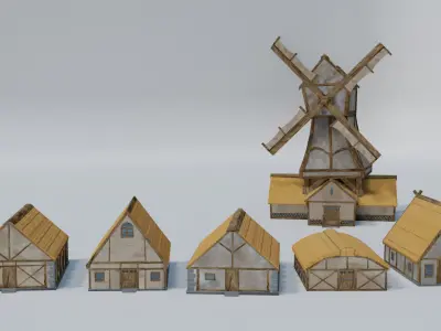 Medieval Stylized Village Pack Windmill Houses Low-poly 3D model