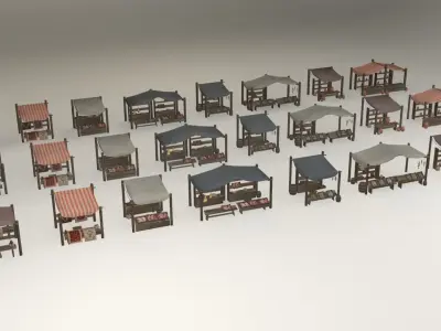 Game-ready medieval-antique street markets modular collection Low-poly 3D model