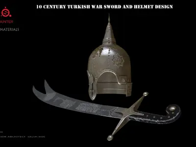  10 century Turkish war sword and helmet 3D model