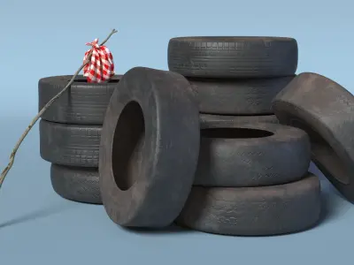 Abandoned Tire Stack With Travelers Bindle 3D model