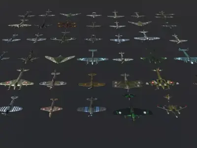 Pack of realistic pbr 42 low poly game AR VR ready aircraft Low-poly 3D model