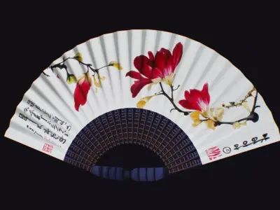 Paper Hand Fan White with Red Flower Asian War Plumage Plume Low-poly 3D model