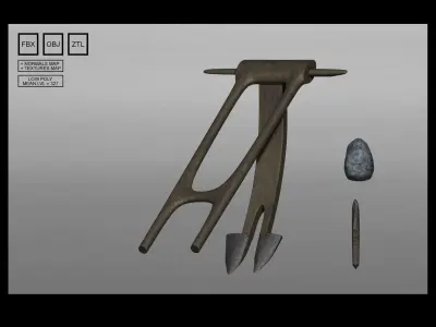 PACK of Primitive tribal weapons and tools Low-poly 3D model