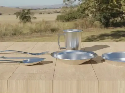 Camping cutlery set - Tin bowl plate mug spoon fork and knife Low-poly 3D model
