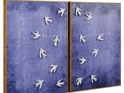 Wall art with ceramic birds on a textured blue surface 3D model