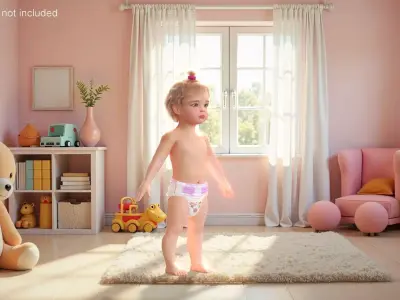 One Year Old Girl in Diaper Fur Rigged 3D model