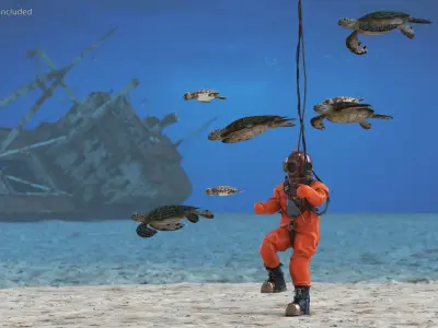 Vintage Deep Sea Diver Suit and Turtles 3D model