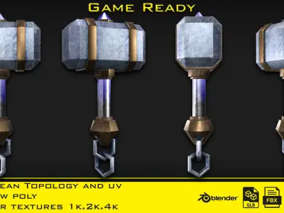 3 Stylized mini hammer - Game ready Low-poly 3D model