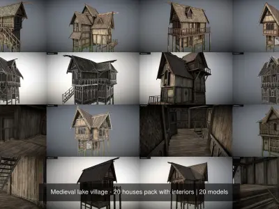 Medieval lake village - 20 houses pack with interiors 3D Model Collection
