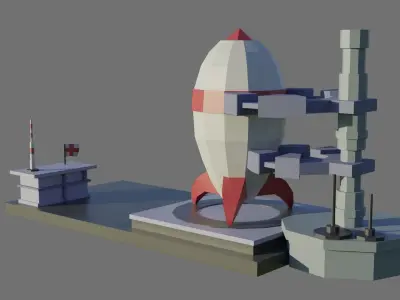 Low Poly Rocket with Launch Pad Free low-poly 3D model